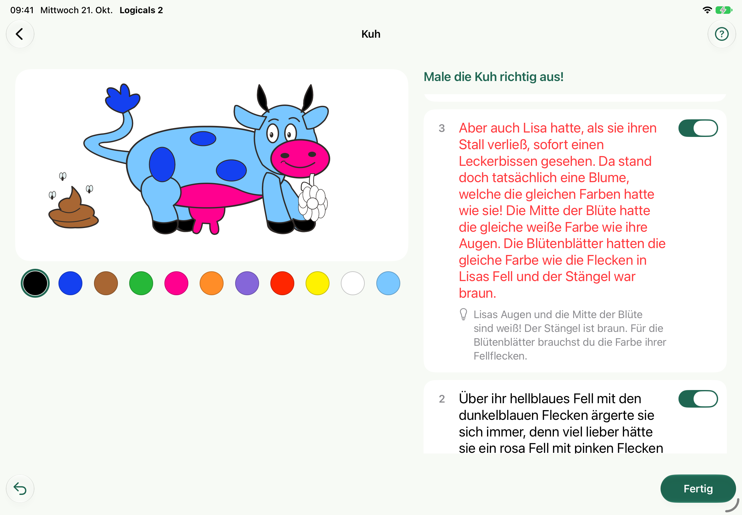 Kuh-Aufgabe mit markierter Textstelle, Hilfetext und Nummerierung