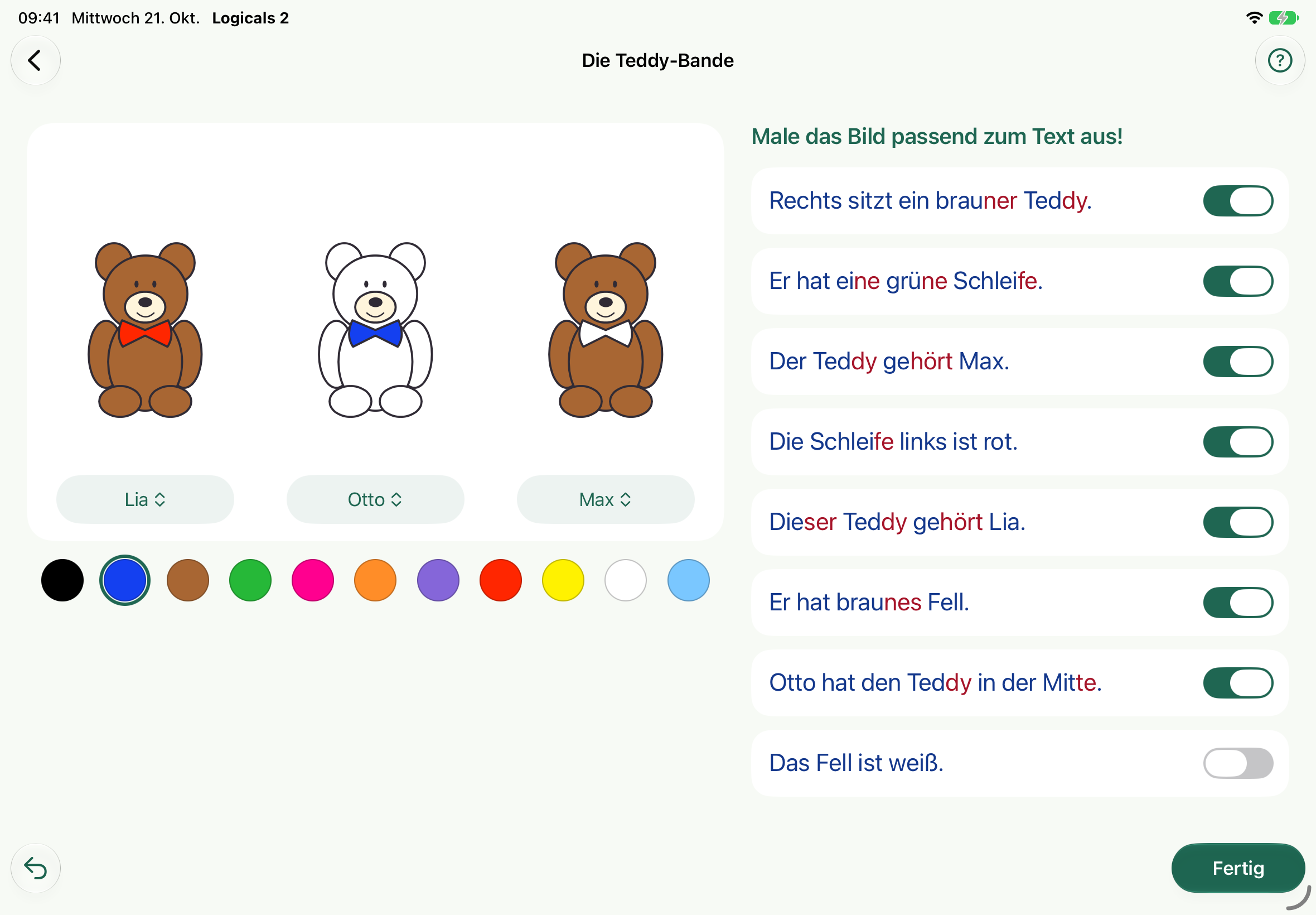 Drei fast fertig ausgemalte Teddys mit Namen und zweifarbigen Lesesätzen