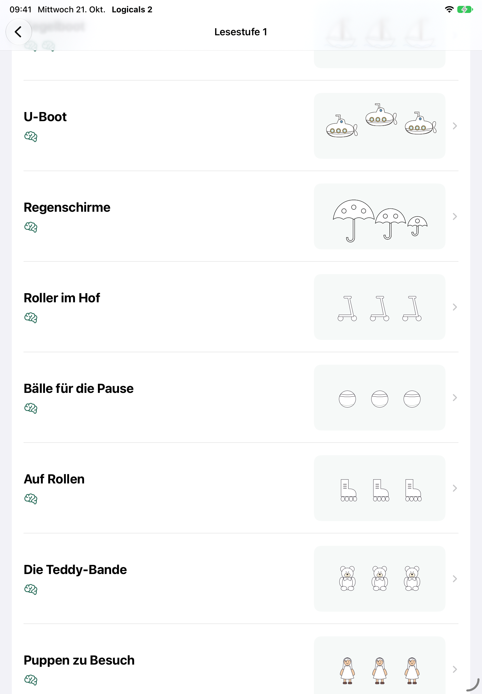Levelauswahl mit Bildvorschauen und Gehirnsymbolen.